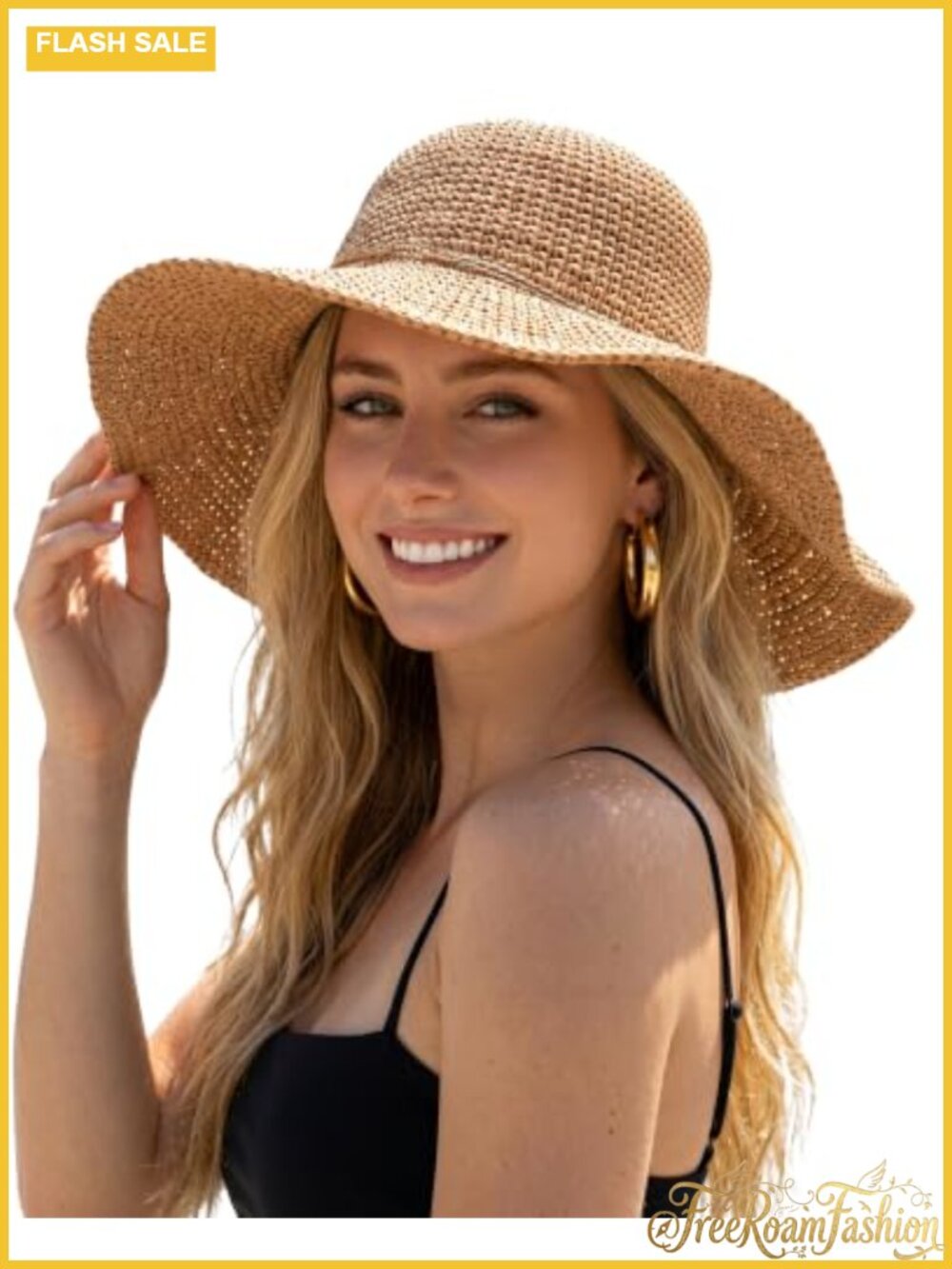 Hand-Crocheted Straw Sun Hat Wide Brim Beach Summer Foldable